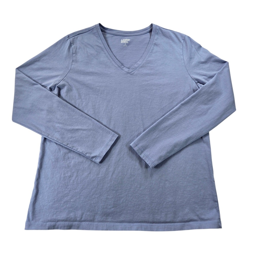 Lands End Womens Medium 10 12 V-Neck Long Sleeve Cotton T-Shirt Light Blue